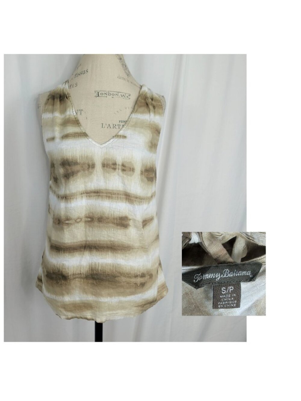 Tommy Bahama Top Small Brown White Linen Tie Dye Halter
